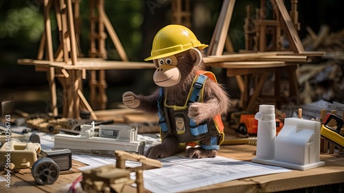 A humorous scene on a miniature construction site: the chimp, donning a hard hat and reflective vest, attempts to maneuver toy construction equipment