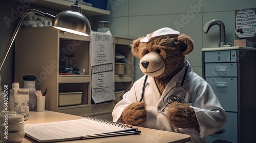A delightful scene in a mock medical room where the chimp, wearing a white lab coat and a stethoscope around its neck, attentively examines a toy teddy bear patient, mirroring the attentive gaze