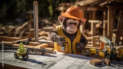A humorous scene on a miniature construction site: the chimp, donning a hard hat and reflective vest, attempts to maneuver toy construction equipment