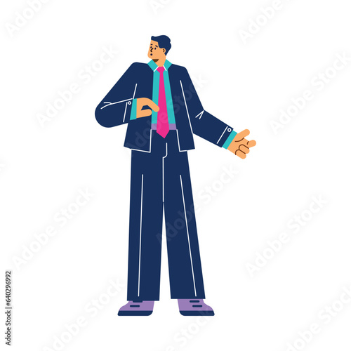 Man in suit and tie explaining showing presenting, vector presenter business mentor, coach, corporate expert, teacher