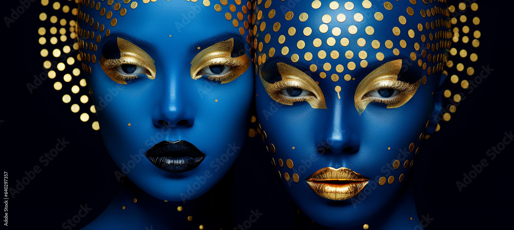 Portrait of two beautiful women with blue and gold makeup. Fashion art Portrait of two beautiful women with blue and gold makeup. Fashion art