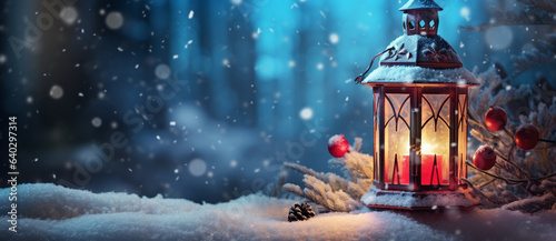 Christmas lantern on the snow with decorations, a lots of space for text