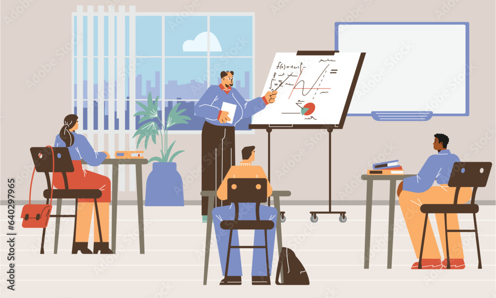 Business seminar or sales meeting with presenter flat vector illustration.