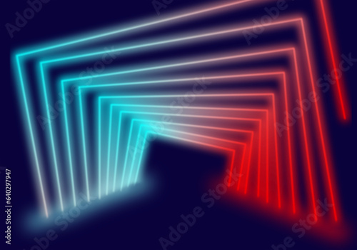 3d render abstract Neon lines triangles tunnel, Square rectangle picture frame with two tone neon color motion graphic on isolated black background.