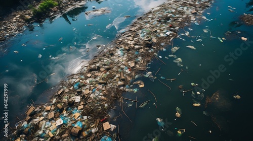 Polluted lake with garbage. Pollution of the environment. Global warming