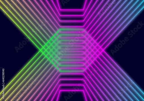 3d render abstract Neon lines triangles tunnel, Square rectangle picture frame with two tone neon color motion graphic on isolated black background.