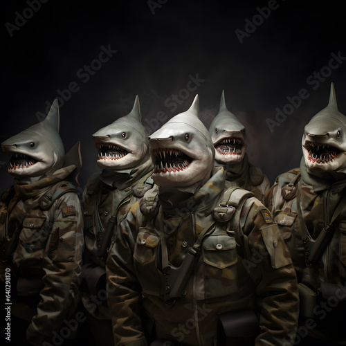 Soldiers wearing shark masks