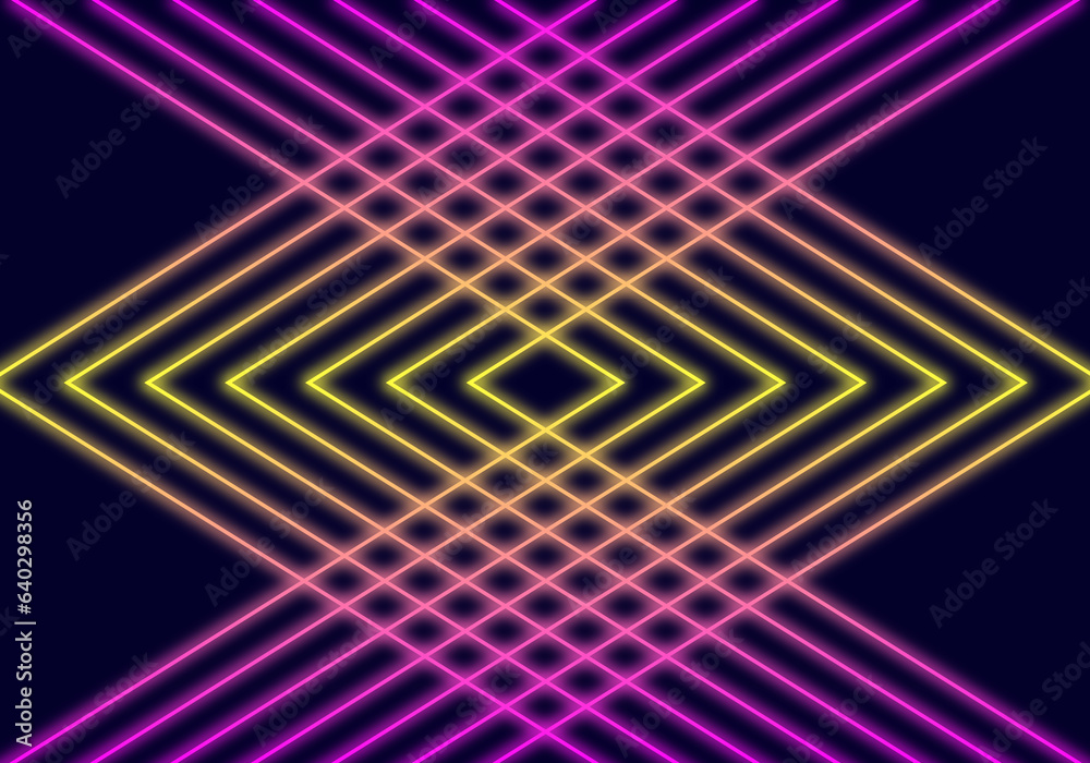 Fototapeta premium 3d render abstract Neon lines triangles tunnel, Square rectangle picture frame with two tone neon color motion graphic on isolated black background.