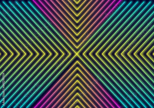 3d render abstract Neon lines triangles tunnel, Square rectangle picture frame with two tone neon color motion graphic on isolated black background.
