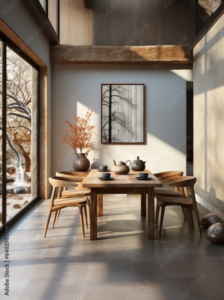 Fototapeta premium living room interior with dining table with chairs and a vertical poster hanging on the wall