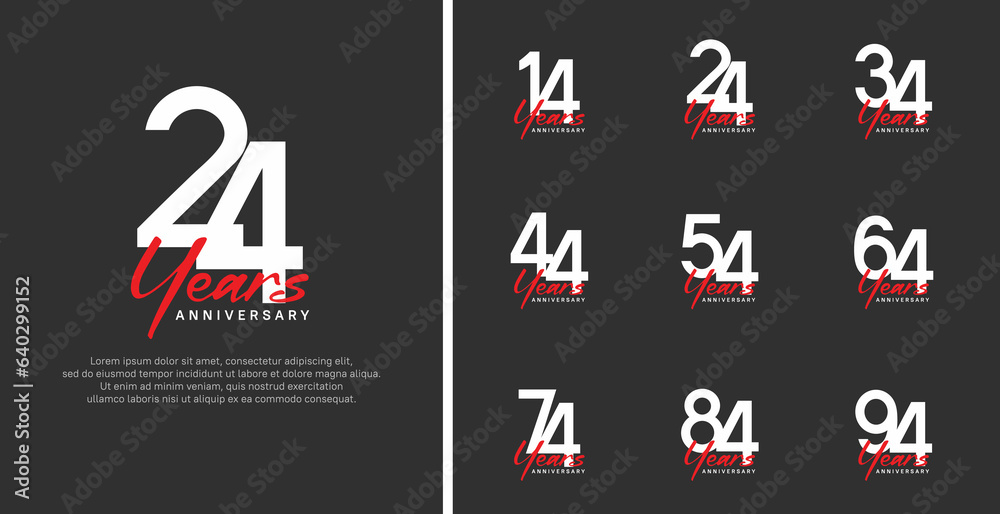 set of anniversary logo flat white color number and red text on black background for celebration