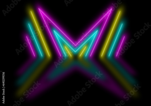 3d render abstract Neon lines triangles tunnel, Square rectangle picture frame with two tone neon color motion graphic on isolated black background.
