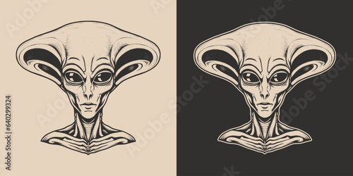 Vintage retro cartoon comics alien ufo creature humanoid person character spooky funny face portrait.	 photo