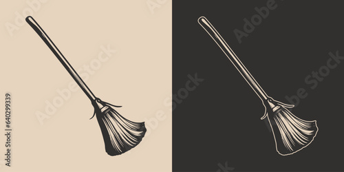 Vintage retro Halloween broom witch element. Monochrome Graphic Art. Vector. Hand drawn element in engraving. style