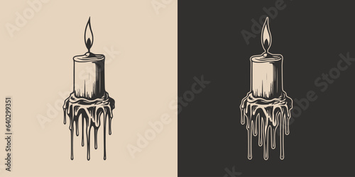 Vintage retro Halloween light candle horror element. Monochrome Graphic Art. Vector. Hand drawn element in engraving. style