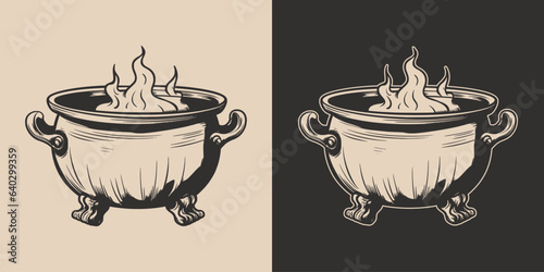 Vintage retro Halloween cauldron pan element . Monochrome Graphic Art. Vector. Hand drawn element in engraving. style
