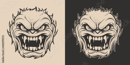 Vintage retro Halloween monster beast spooky scary horror element. Monochrome Graphic Art. Vector. Hand drawn element in engraving. style