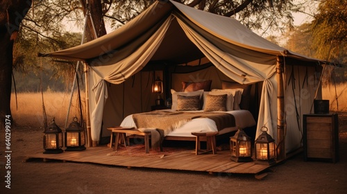 Safari Tent   A luxurious safari tent set amidst the wilderness  complete with four-poster bed and vintage trunks