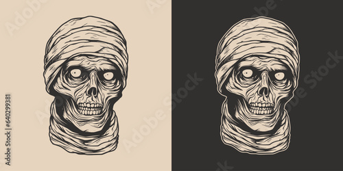Vintage retro Halloween mummy character face portrait. spooky scary horror element. Monochrome Graphic Art. Vector. Hand drawn