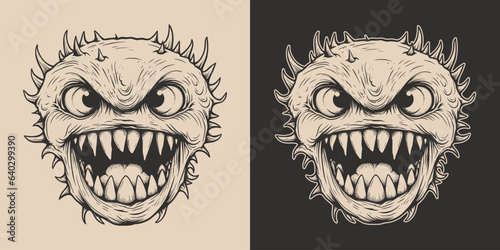Vintage retro Halloween monster beast spooky scary horror element. Monochrome Graphic Art. Vector. Hand drawn element in engraving. style