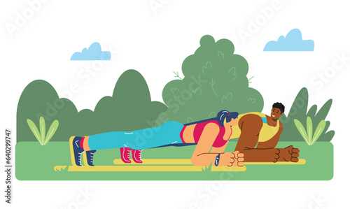 Happy couple of friends standing in plank position in park, flat vector illustration isolated on white background.