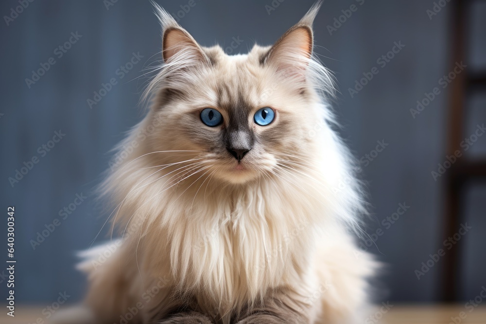 Close-up portrait of furry cat sitting, dense coat.