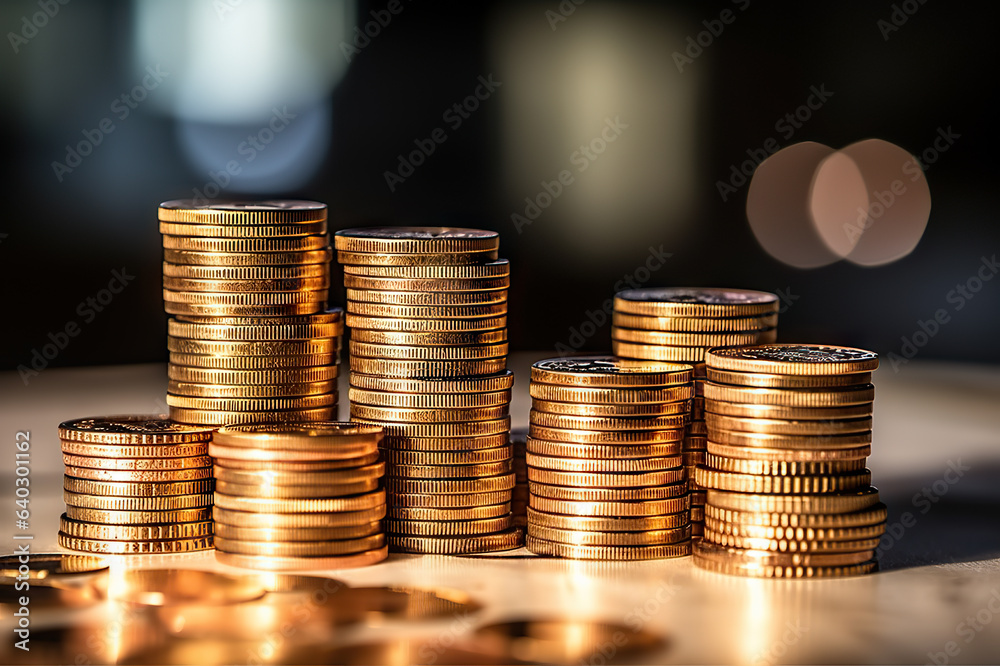 Wealth Accumulation Coins Stacked on Table with Bokeh Background, Illustrating the Concept of Financial Prosperity. created with Generative AI Wealth Accumulation Coins Stacked on Table with Bokeh Background, Illustrating the Concept of Financial Prosperity. created with Generative AI