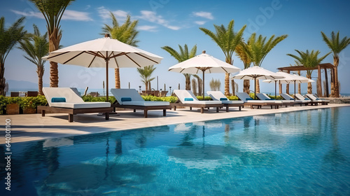 Seaside Retreat Luxurious Swimming Pool and Loungers with Umbrellas, Framed by Palm Trees and Blue Sky near the Beach. created with Generative AI