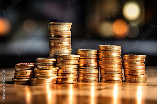 Wealth Accumulation Coins Stacked on Table with Bokeh Background, Illustrating the Concept of Financial Prosperity. created with Generative AI