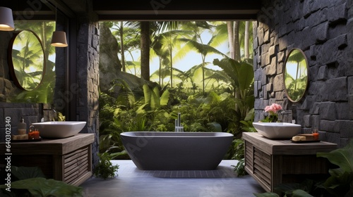 Spa Bathroom , An indoor-outdoor bathroom designed with a stone soaking tub, tropical plants, and premium spa amenities