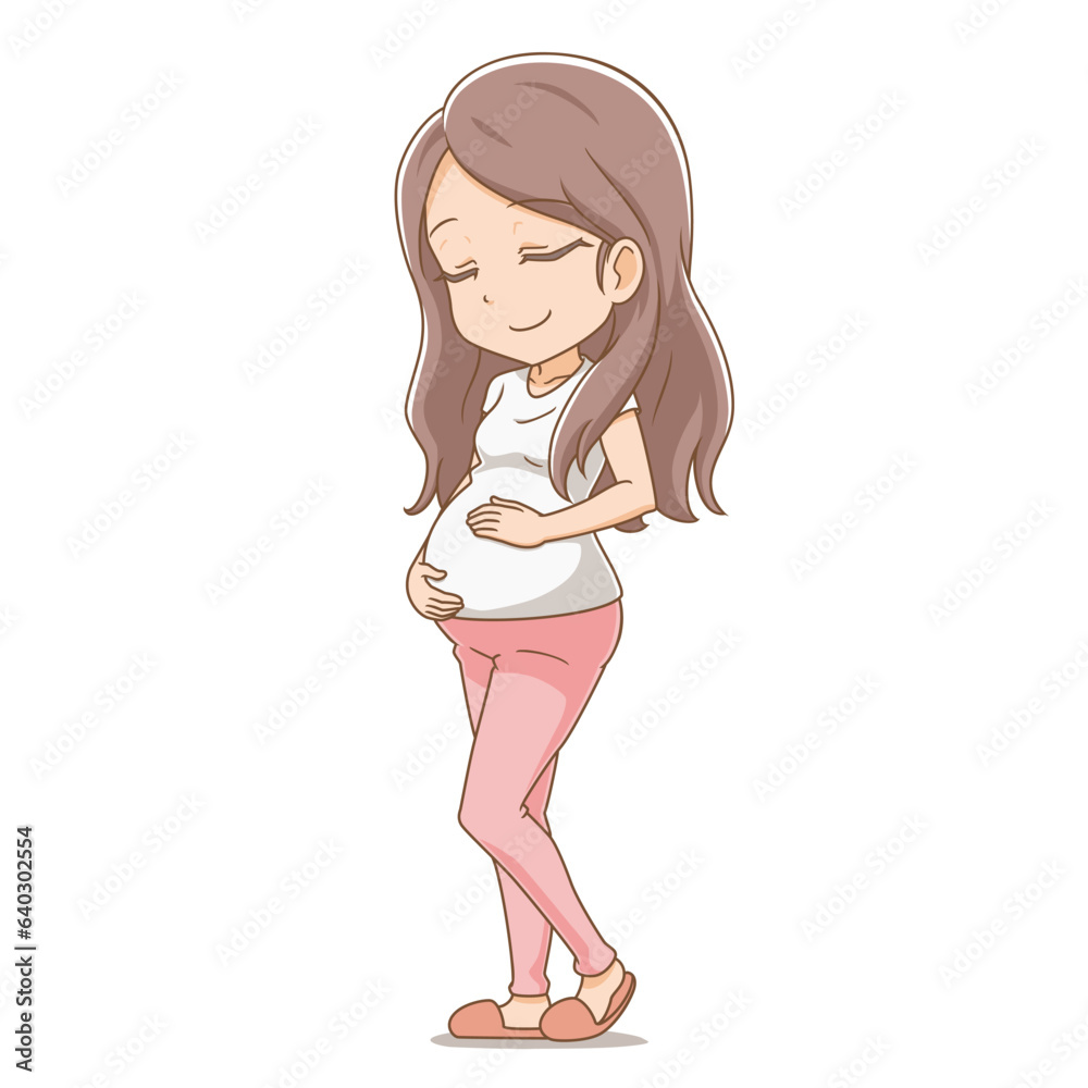 Cartoon character of pregnant women hugging belly with arms. Cartoon character of pregnant women hugging belly with arms.