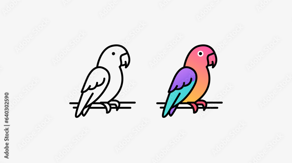 Obraz premium parrot sits on a branch. Linear and color logo, icon. Concept of tropical bird, pet. Vector illustration