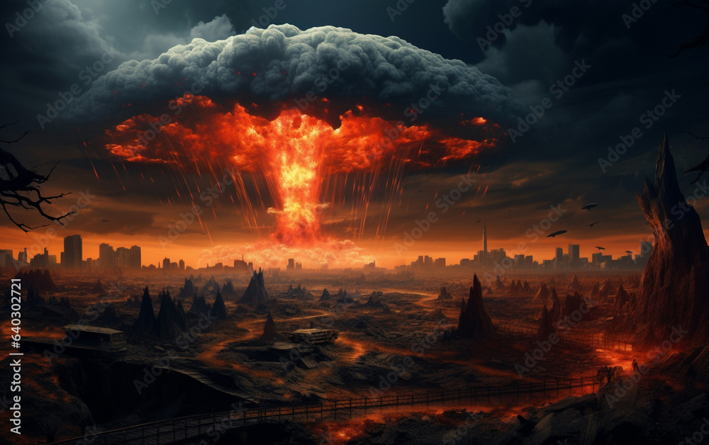 A destroyed city with an atom bomb exploding in the background