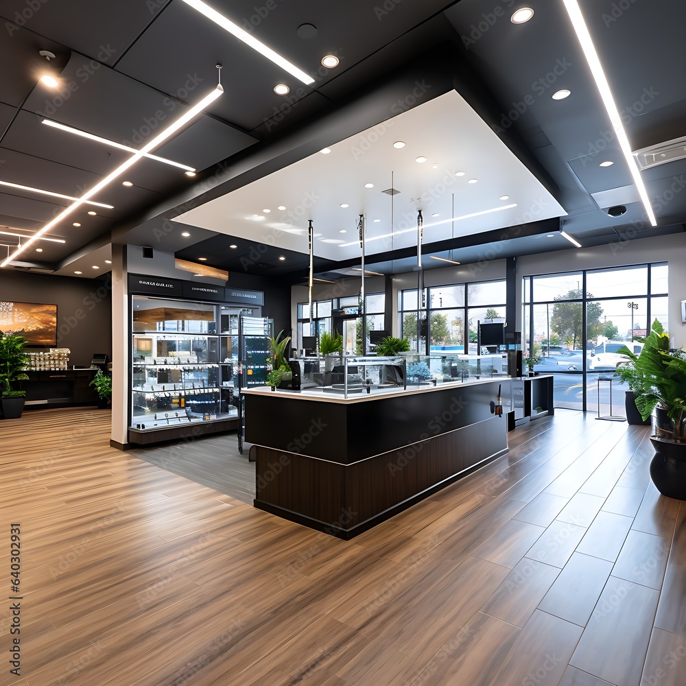 Clean retail store layout with accent lighting and tall ceilings  - obrazy, fototapety, plakaty 