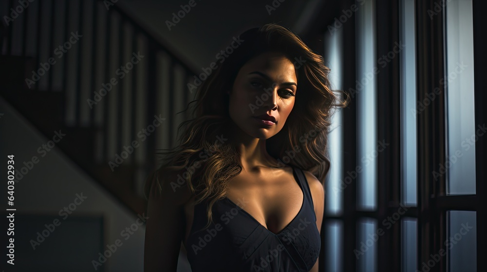 A moody, atmospheric shot capturing the model in a dimly lit, modern interior A moody, atmospheric shot capturing the model in a dimly lit, modern interior