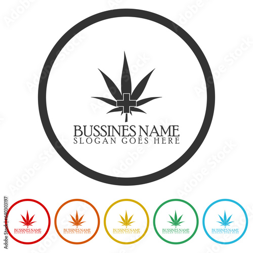 Cannabis logo template. Set icons in color circle buttons