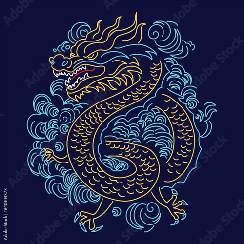 Fotografiet Chinese New Year 2024, the year of the Dragon, red and gold line art characters,