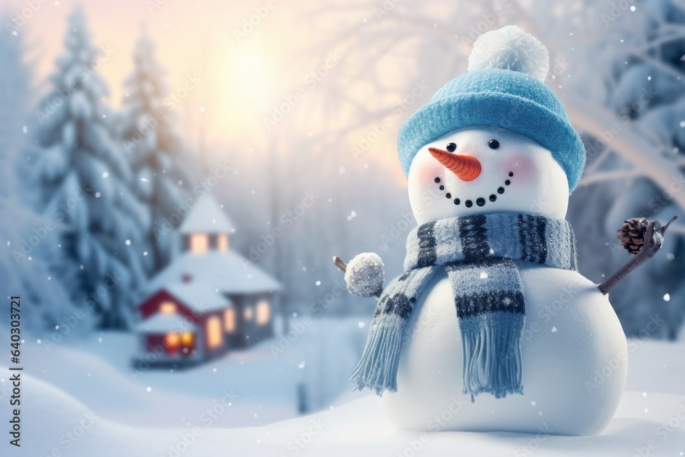 Obraz premium Panoramic view of happy snowman in winter scenery. Close-up