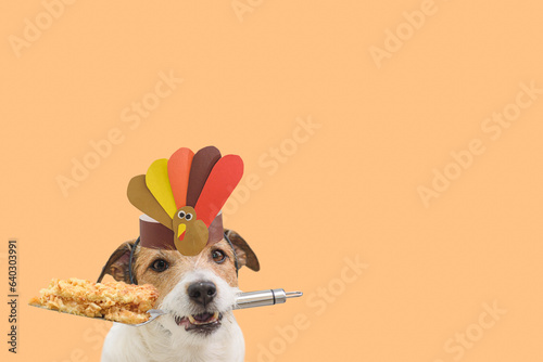 Fun Thanksgiving background with dog holding piece of holiday apple pie on spatula.