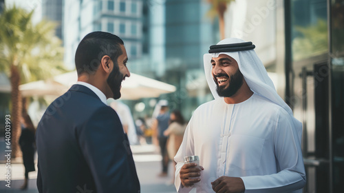 Young Emirati businessman in UAE talking with friends photo