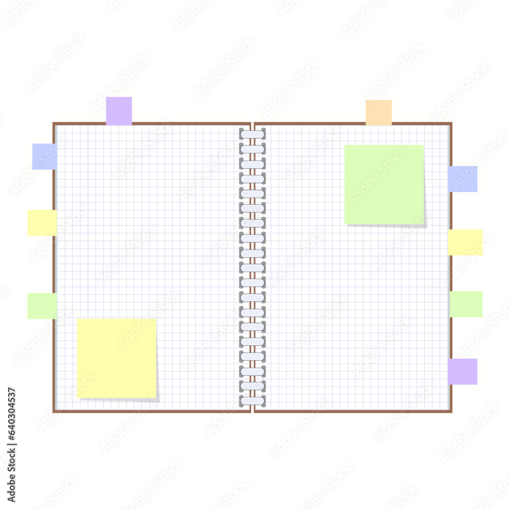 Open notepad with sheets on a spiral with bookmarks between the pages. Colorful flat illustration on white background. With space for text or image Open notepad with sheets on a spiral with bookmarks between the pages. Colorful flat illustration on white background. With space for text or image