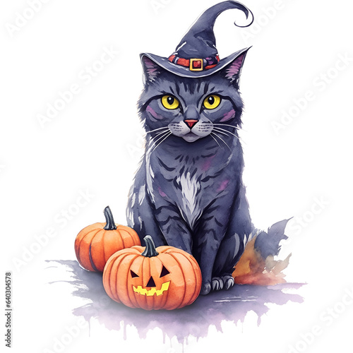 Watercolor black cat with witch hat and pumpkin. Halloween illustration, isolated on white