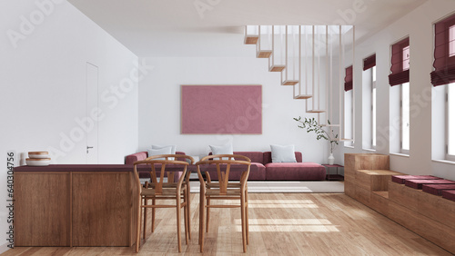 Minimalist nordic wooden kitchen and living room in white and red tones. Sofa  minimal staircase and dining island with chairs. Scandinavian interior design