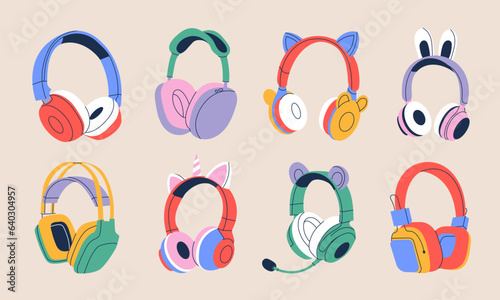 A set of professional headphones for listening to music of various shapes. Cute gaming headphones with ears for girls. Electronic device in flat style. Vector stock illustration.