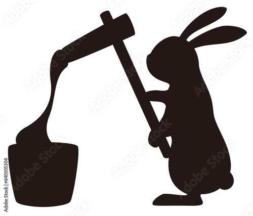 餅つきをするウサギのシルエット（餅あり）／rabbit silhouette