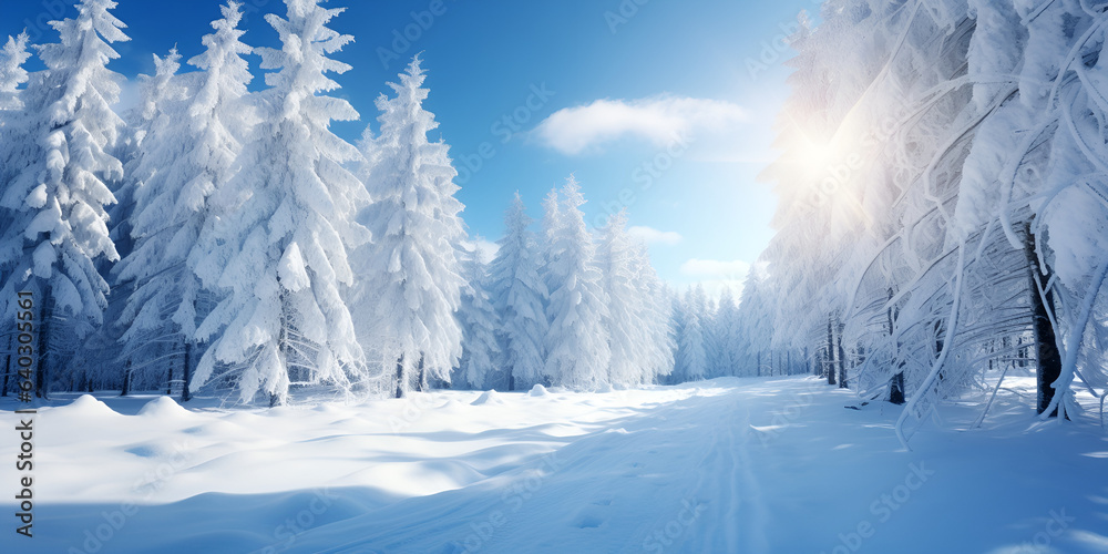 Winter landscape with a snowy mountain and a blue sky