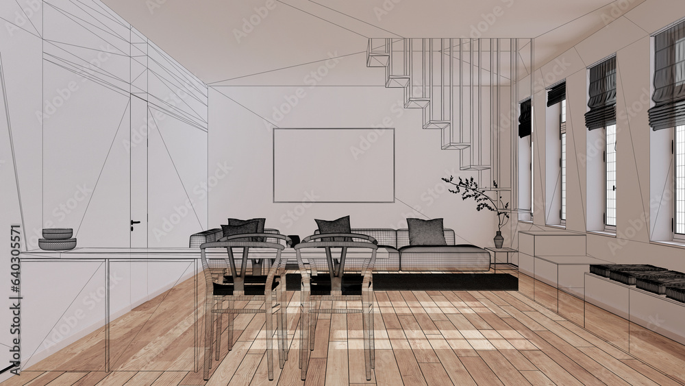 Empty white interior with parquet floor and window, custom architecture ...