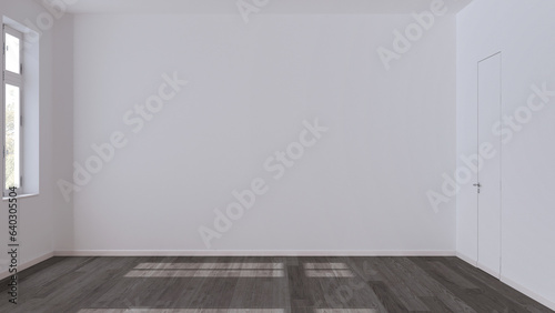 Empty room interior design, open space with dark parquet floor, window and white walls, modern architecture concept idea