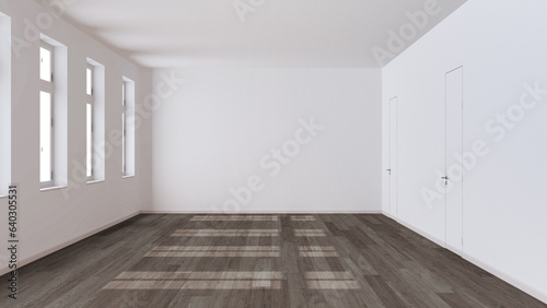 Empty room interior design, open space with dark parquet floor, window and white walls, modern architecture concept idea