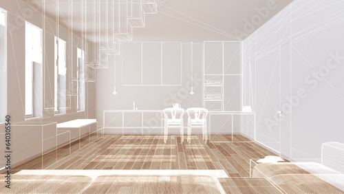 Empty white interior with parquet floor and window, custom architecture design project, white ink sketch, blueprint showing living room and kitchen with island and chairs